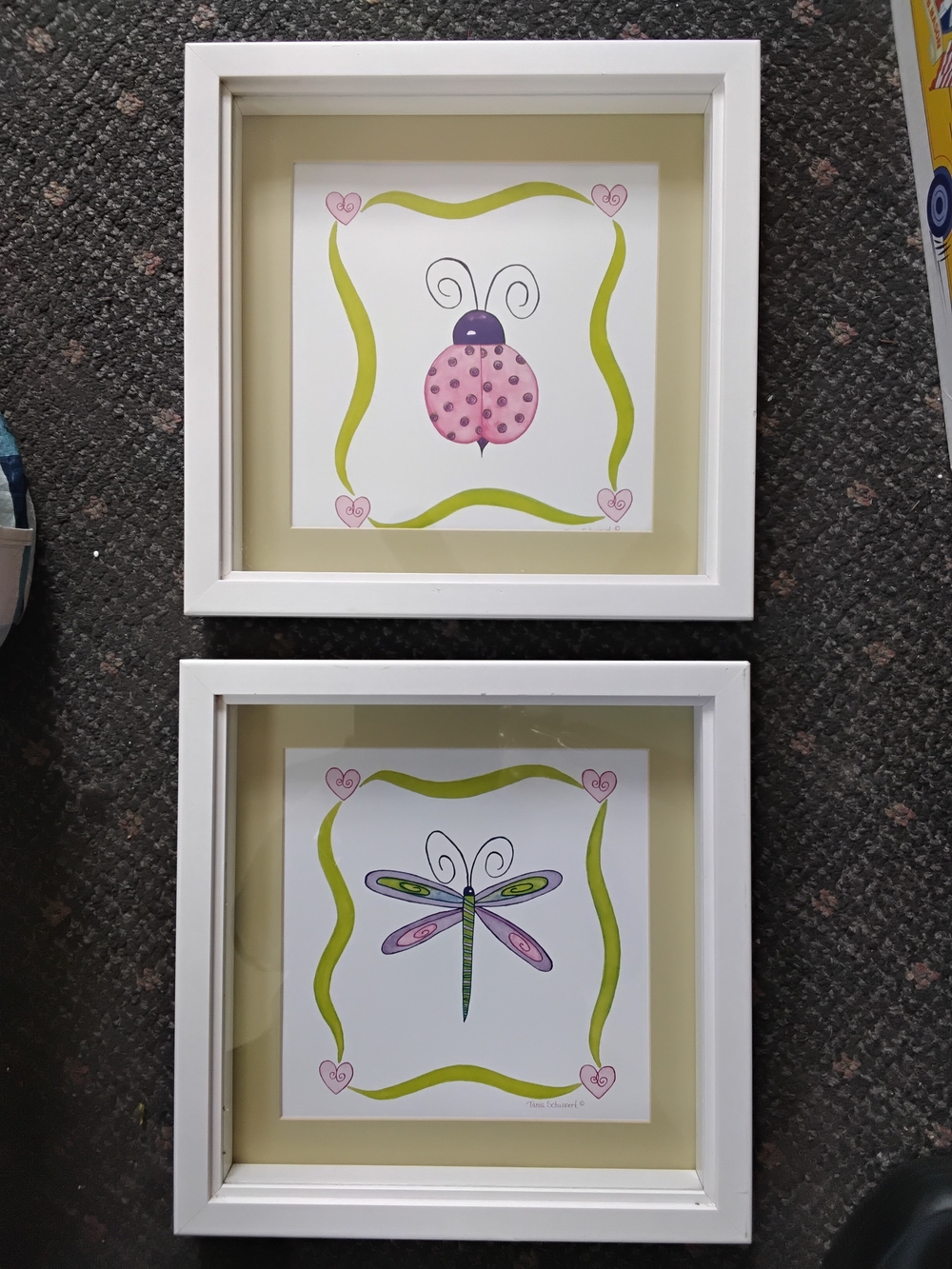 Set of 2 Tania Schuppert White Framed Bug Art Prints - Pink & Green